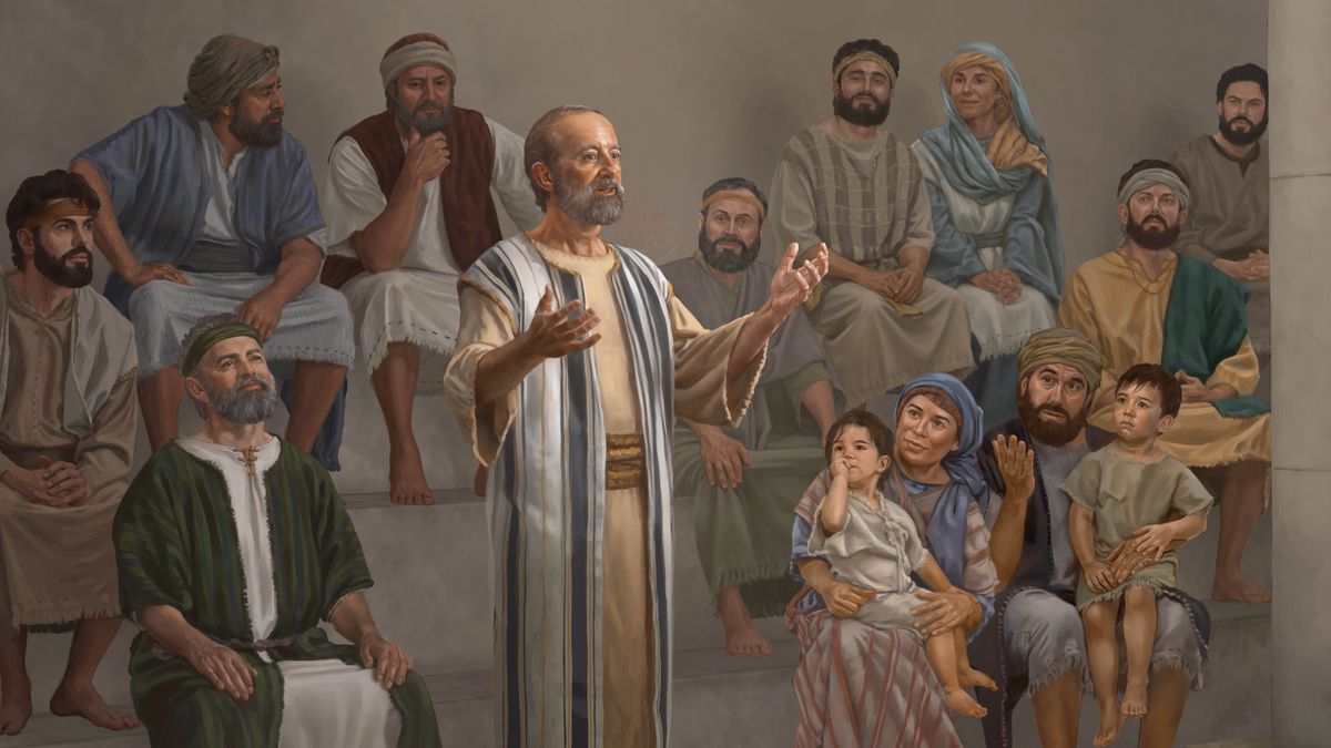 Paul parle avec conviction dans une synagogue. Les assistants l’écoutent attentivement. Non loin de lui, Barnabé est heureux de le voir enseigner.