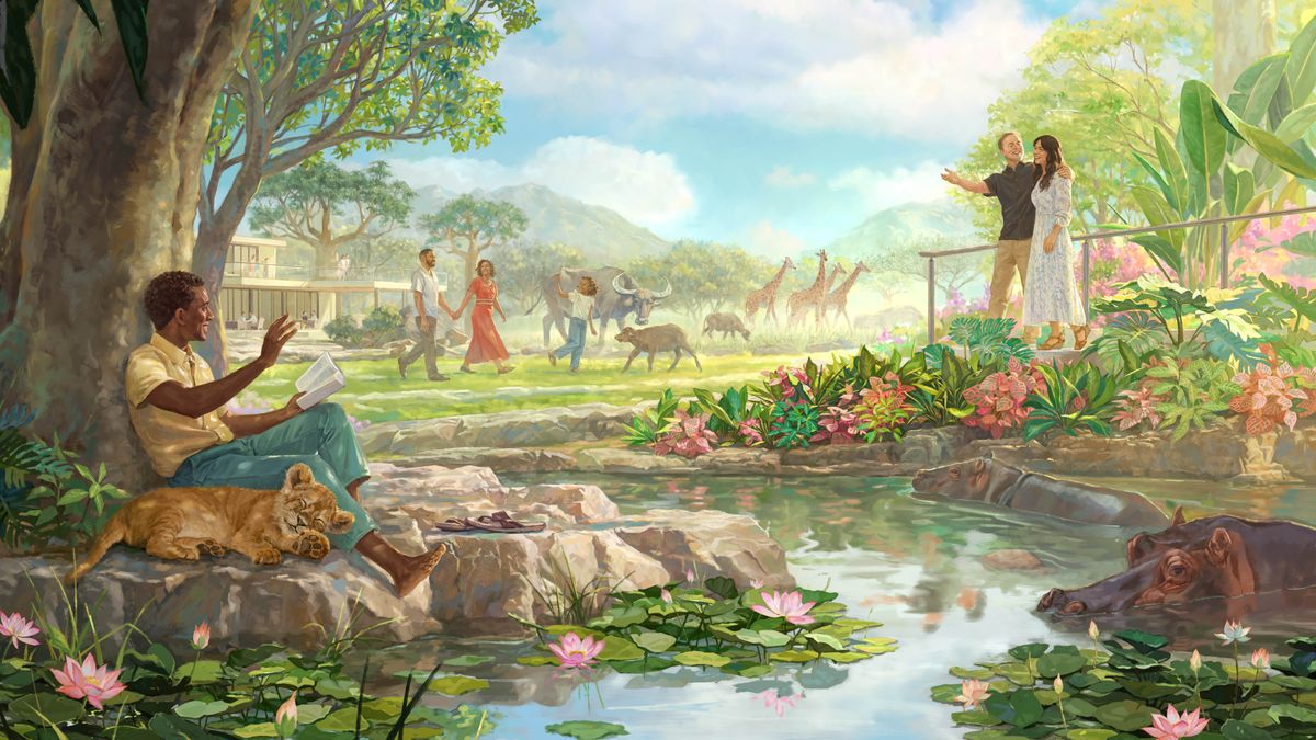 Les frères et sœurs des illustrations précédentes mènent une vie heureuse dans le paradis. Le frère âgé, maintenant jeune, se promène avec sa femme. Les parents se promènent avec leur fille, qui est à présent en bonne santé. Le frère qui était prisonnier est assis sous un arbre à côté d’un lionceau et lit la Bible.