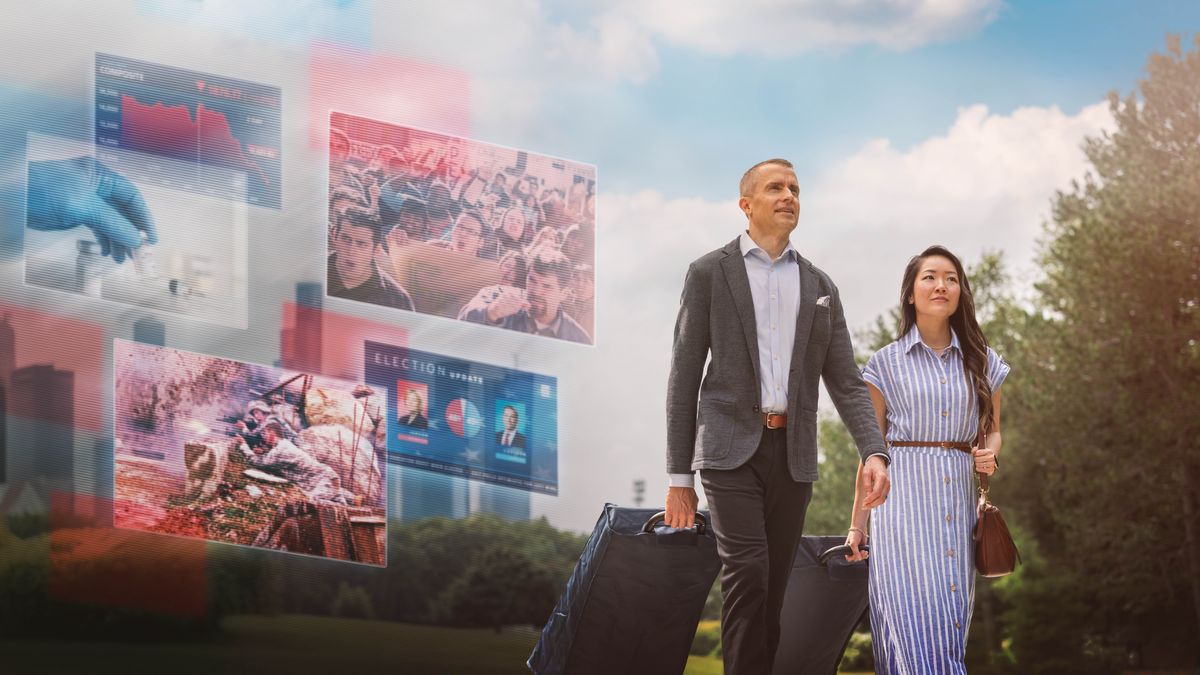 Un frère et sa femme marchent en tirant tous les deux un présentoir mobile et en regardant devant eux avec confiance. Ensemble d’illustrations : Des images d’évènements mondiaux troublants. 1) Une foule de manifestants en colère. 2) Des élections. 3) Des soldats au combat. 4) Un médicament. 5) Un tableau indiquant la chute des actions d’une entreprise.