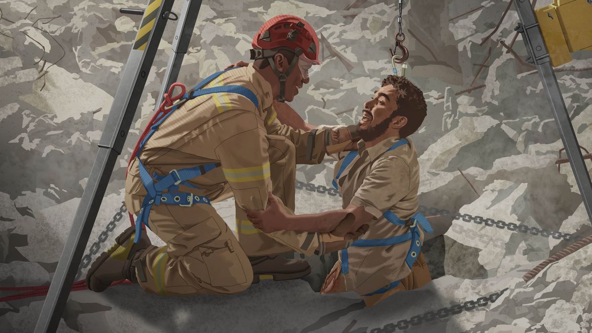 L’homme de l’article précédent, qui est pris au piège dans les décombres d’un immeuble qui s’est effondré, en est sorti par un secouriste.