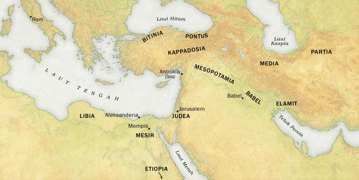 Peta na patuduhon tempat asal ni akka halak na mambege barita na uli di ari Pentakosta 33 M. 1. Akka luat: Libia, Mesir, Etiopia, Bitinia, Pontus, Kappadosia, Judea, Mesopotamia, Babel, Elamit, Media, dohot Partia. 2. Akka kota: Rom, Aleksanderia, Mempis, Antiokia (Siria), Jerusalem, dohot Babel. 3. Akka laut: Laut Tengah, Laut Hitam, Laut Merah, Laut Kaspia, Teluk Persia.