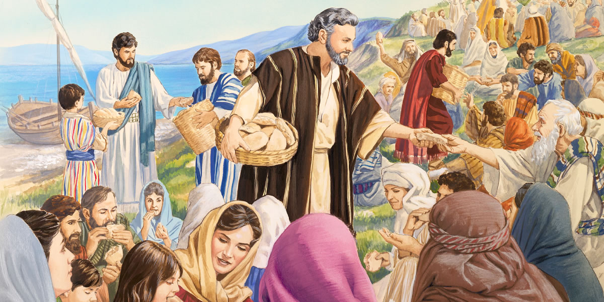 Jesus mamonggoli lima roti dohot dua dengke jala dilehon ma i tu angka siseanna asa dibagihon tu angka jolma na ro i