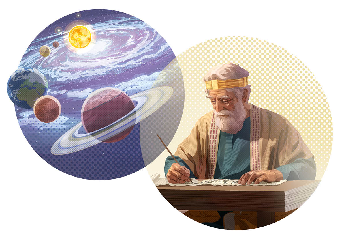 Gambar: Dipakke Debata do tondi parbadiana lao mangulahon lomo ni rohana. 1. Manoppa akka planet dohot alam semesta. 2. Mangurupi sahalak panurat ni Bibel manuratton Hata ni Debata di sada gulungan.