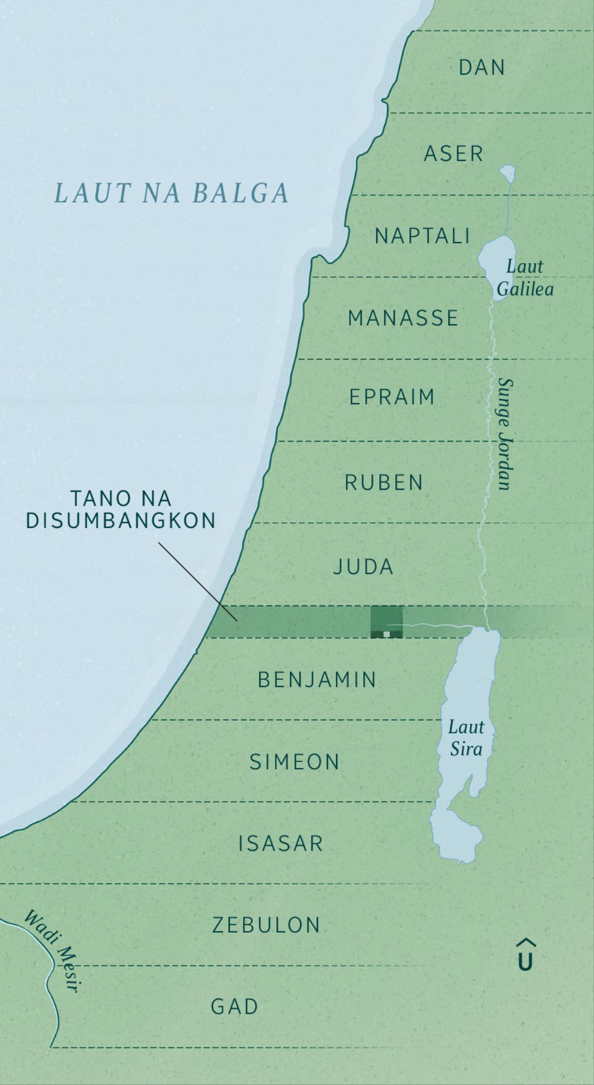 Peta na patuduhon akka batas ni luat na lao dilehon tu akka tawanan na mulak i, dos songon na disurat si Hesekiel. Sarupa do ganjang ni tano tu ganup marga mulai sian utara sahat tu selatan, mulai sian marga Dan, Aser, Naptali, Manasse, Epraim, Ruben, Juda, Tano na Disumbangkon (daerah penugasan), Benjamin, Simeon, Isasar, Zebulon, dohot Gad.