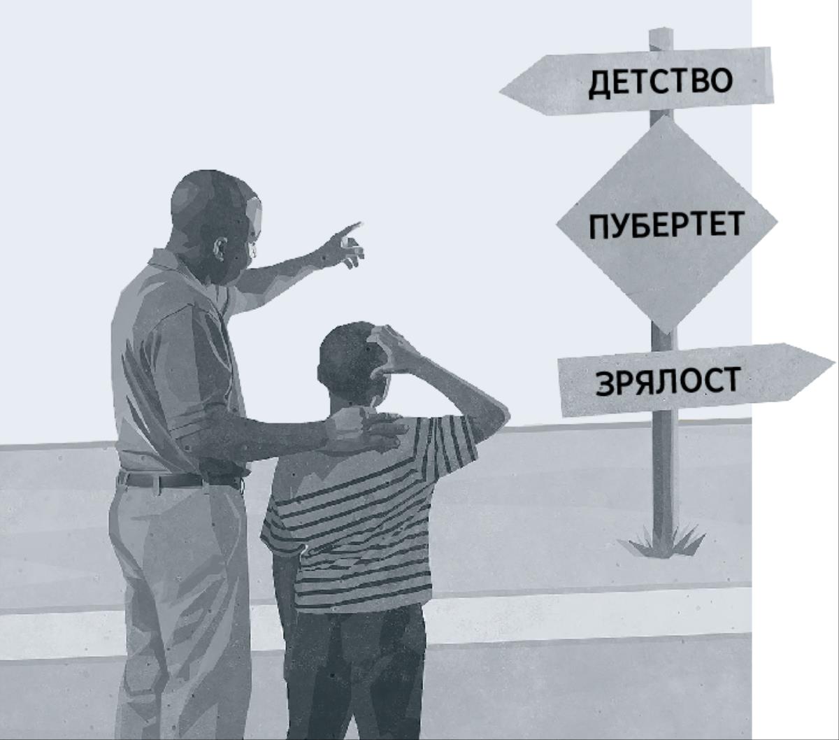 Баща и син гледат табела, която показва пубертета като част от пътя на съзряването