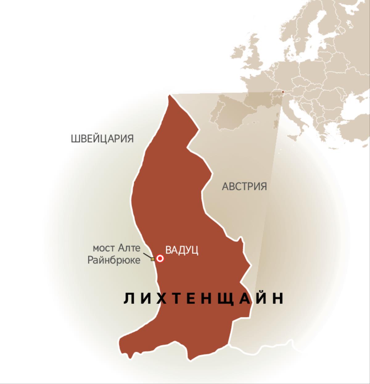 Карта, изобразяваща границите на Лихтенщайн с Швейцария и Австрия