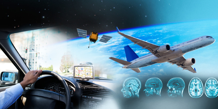 Напредъкът в науката включва автомобили, GPS, спътници, самолети, изследване на мозъка