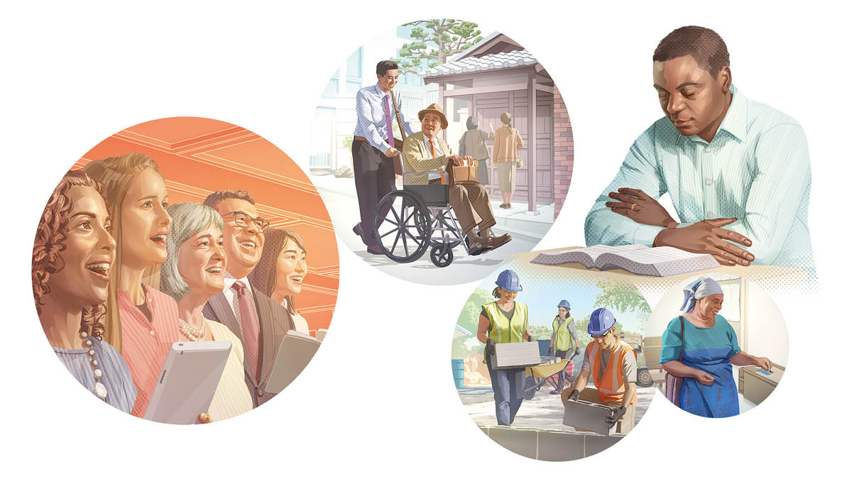 Колаж: Аспекти на истинското поклонение. 1. Сестри и брат пеят на събрание. 2. Брат бута инвалидната количка на възрастен брат, докато са заедно на служба. 3. Брат се моли, преди да чете Библията. 4. Сестра пуска дарение в кутията за дарения. 5. Братя и сестри работят на строителен проект.