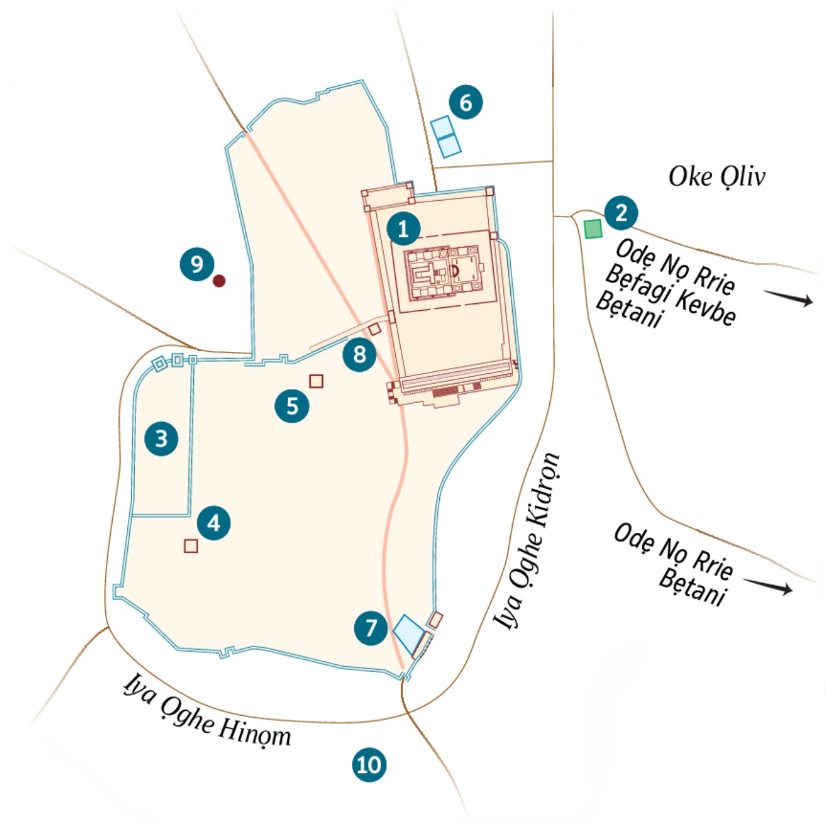 Emapu ọghe Jerusalẹm kevbe avbe ako ni lẹga ẹre. Avbe ako na rẹnrẹn kevbe na ma wa mobọ rẹn. 1. Ọgua Osa. 2. Ogba ọghe Gẹtsẹmani. 3. Ẹguae ọghe gọvinọ. 4. Owa e Keyafas. 5. Ẹguae ne Hẹrọd Antipas ghaa loo. 6. Odighi ọghe Bẹtzeta. 7. Odighi ọghe Siloam. 8. Ọgua ọghe Sanhẹdrin. 9. Gọlgọta. 10. Akẹldama.