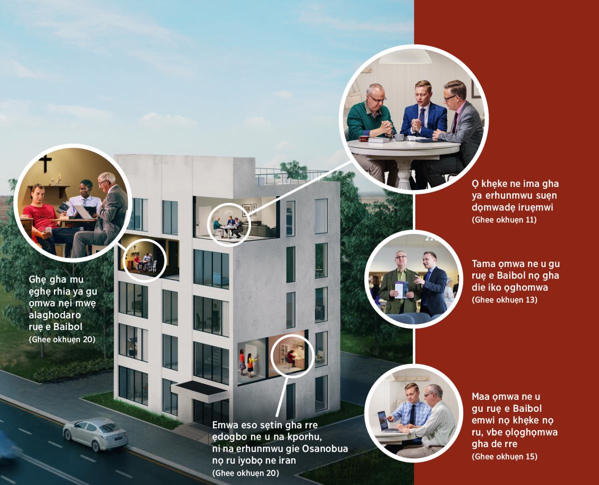 Avbe Osẹe Jehova keghi hia vbe odẹ ke odẹ, ne iwinna ọghe na ya emwa khian erhuanegbe Jesu ne iran ru mieke na biẹ ọmọ esi. Dọmwadẹ efoto na rhiẹre ma vbene iran ya ru ọna hẹ: 1. Ghẹ gha mu ẹghẹ rhia ya gu ọmwa nẹi mwẹ alaghodaro ruẹ e Baibol; etẹn eva gha gu okpia ọkpa nẹi danmwehọ ruẹ e Baibol. 2. Emwa eso sẹtin gha rre ẹdogbo ne u na kporhu, ni na erhunmwu gie Osanobua nọ ru iyobọ ne iran; okhuo ọkpa gha na erhunmwu, vbe ẹghẹ ne etẹn nikhuo eva ya sobọ vbe urho ọghẹe. 3. Ọ khẹke ne ima gha ya erhunmwu suẹn dọmwadẹ iruẹmwi; ọtẹn nokpia ọkpa gha na erhunmwu ọ ke suẹn gha gu ọmwa ruẹ e Baibol. 4. Tama ọmwa ne u gu ruẹ e Baibol nọ gha die iko ọghomwa; ọtẹn nokpia ọkpa gha gu ọmwa nọ gu ruẹ e Baibol nọ rrie iko guan, ọ gha tama rẹn vbene iko ọghomwa ye hẹ. 5. Maa ọmwa ne u gu ruẹ e Baibol emwi nọ khẹke nọ ru, vbe ọlọghọmwa gha de rre; ọtẹn nokpia ọkpa gha maa ọmwa nọ gu ruẹ e Baibol, vbene ọ gha ya sẹtin loo ekọmputa ọghẹe ya ru ezanzan hẹ.