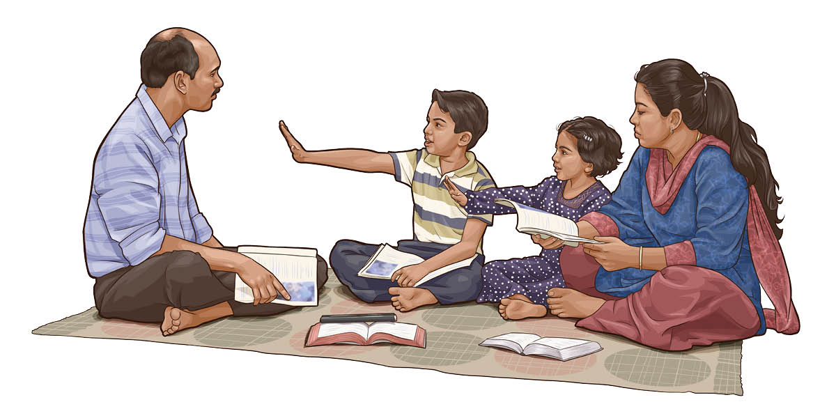 একজন বাবা ও মা তাদের সন্তানদের শেখাচ্ছেন, কীভাবে নিজেদের রক্ষা করতে হয়। আর সন্তানরা সেটা মহড়া দেওয়ার সময় ইশারা করে “না” দেখাচ্ছে।