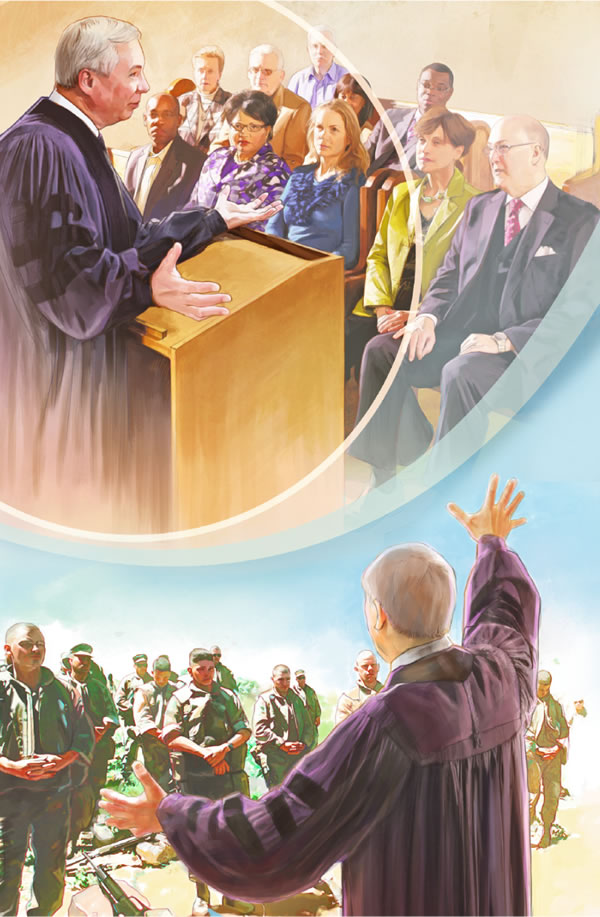 Um líder religioso falando numa igreja e depois está abençoando soldados que vão pra guerra