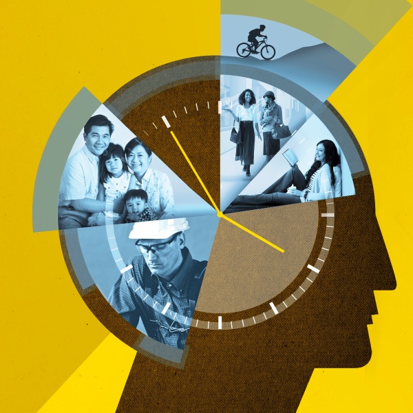 Um rosto com o tempo dividido em várias atividades do dia-a-dia