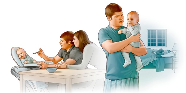 Pai ajuda a dar comida para o bebê e cuida dele durante a noite