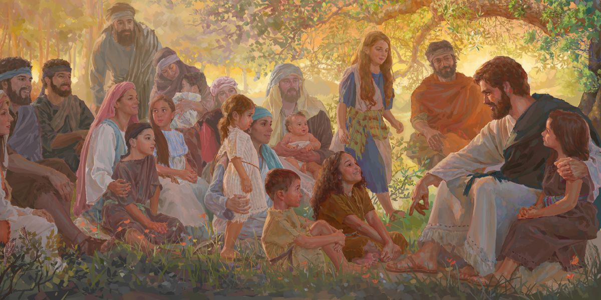 Jesus ensinando adultos e crianças