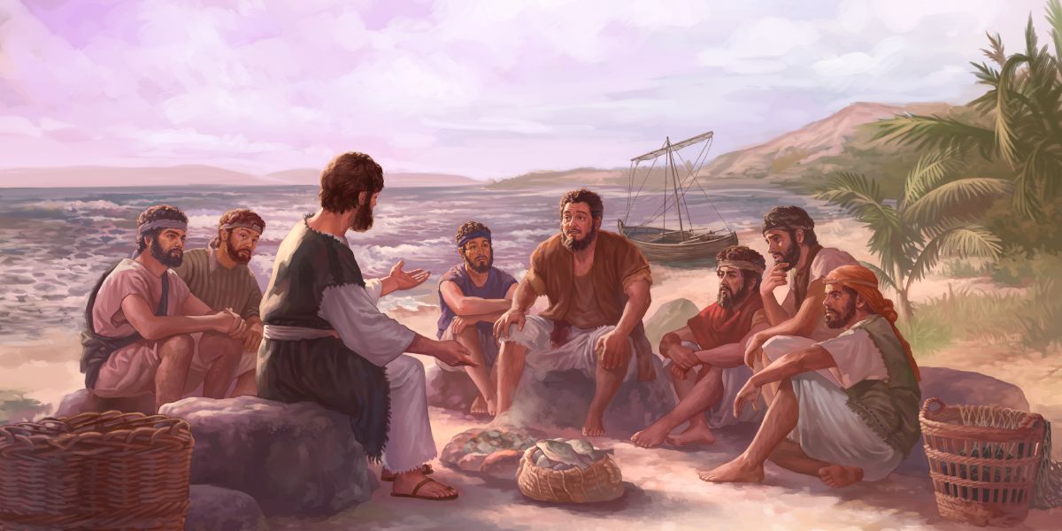 Jesus fala com seus discípulos enquanto assa um peixe numa fogueira