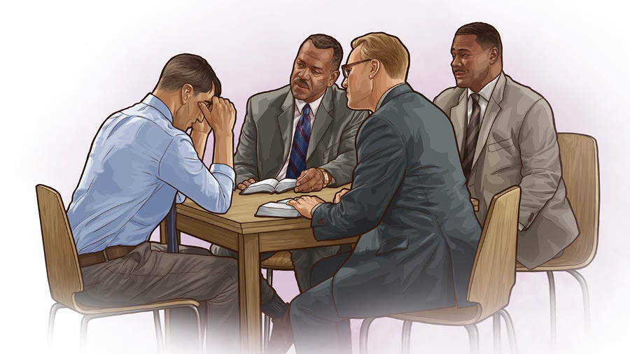 Um jovem reunido com três anciãos.