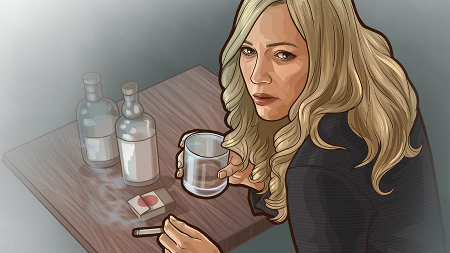 Conjunto de imagens: Uma mulher que escolhe servir a Jeová. 1. Ela bebe e fuma. 2. Alguma coisa que ela viu no estudo da Bíblia toca o coração dela. 3. Ela está feliz conversando com duas amigas dela que também servem a Jeová.