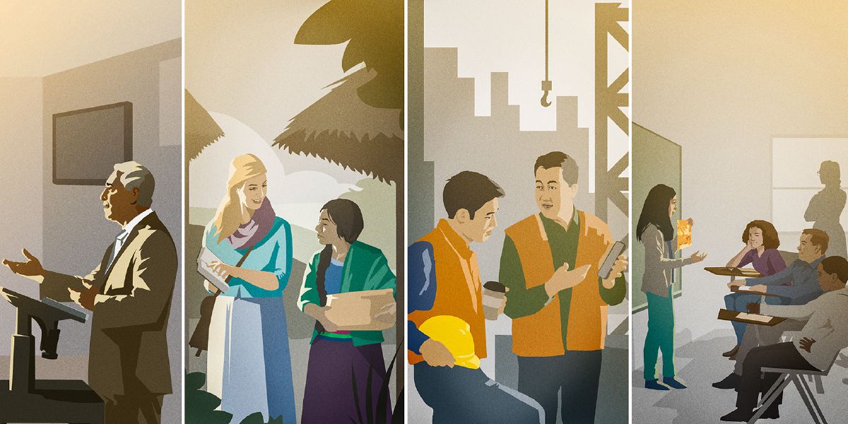 Um irmão dando um discurso; uma irmã pregando; um irmão dando testemunho no trabalho; uma adolescente falando da Bíblia numa apresentação de escola