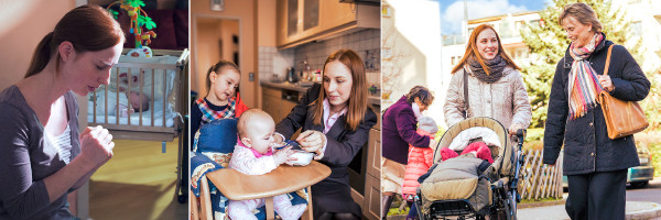 Uma irmã: 1. orando ao lado do berço do bebê, 2. alimentando o bebê, 3. empurrando o carrinho de bebê