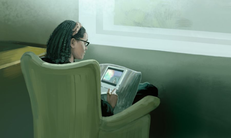 Desenho de uma irmã lendo a Bíblia