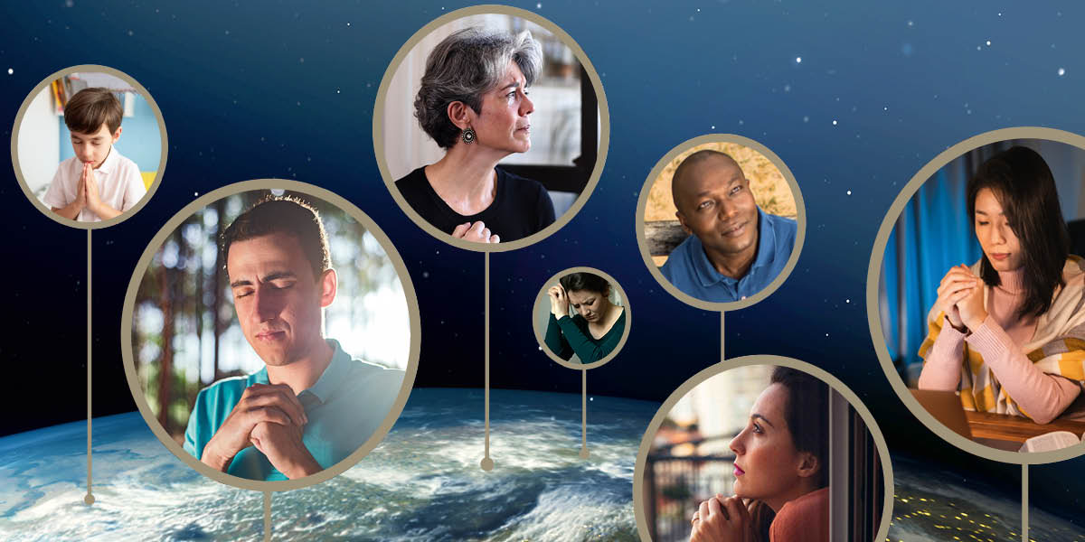 Pessoas de várias partes do mundo orando e pedindo a ajuda de Deus.