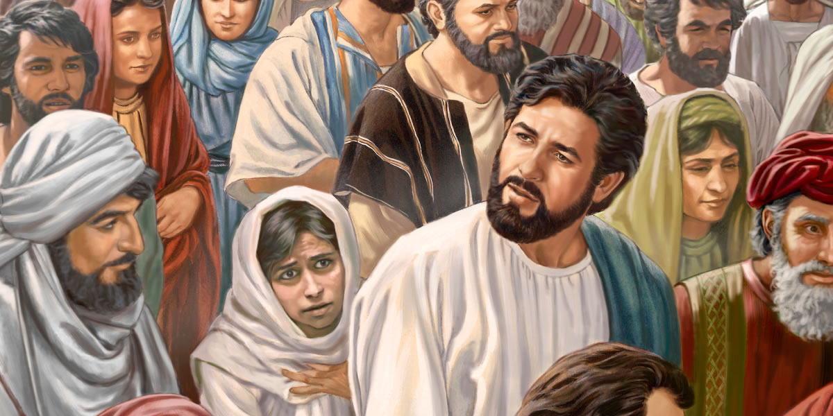 Una dona toca la vora del vestit de Jesús i ell s’adona que algú l’ha tocat