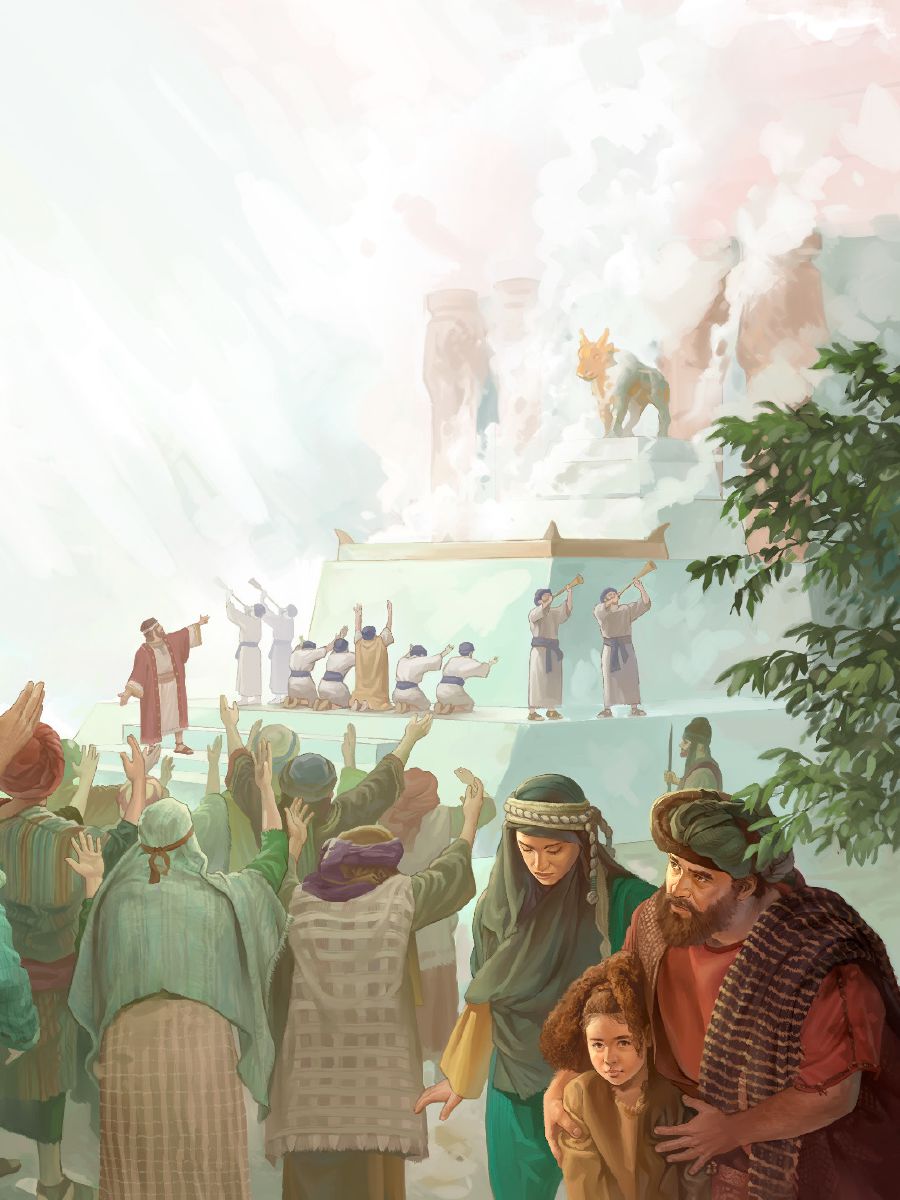 Molts israelites oferint sacrificis a un vedell d’or fet per Jeroboam