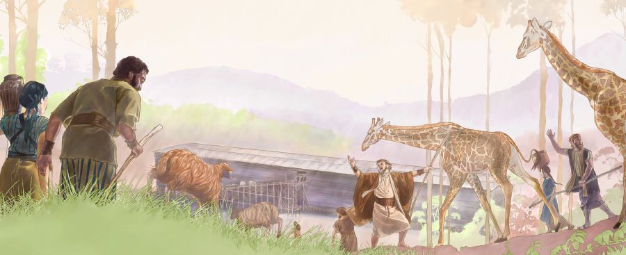 Noè i la seva família fent entrar els animals a l’arca