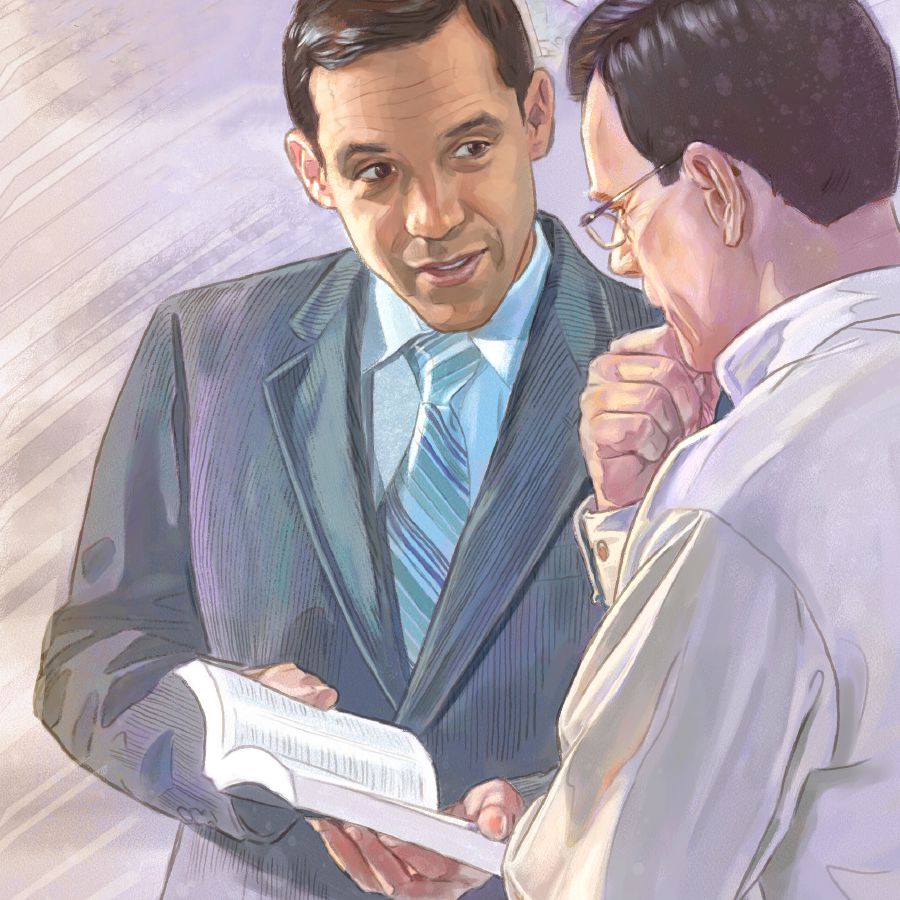 Un testimoni de Jehovà predicant les bones notícies del Regne a un home