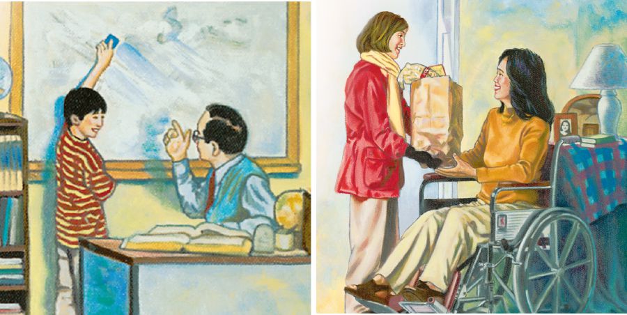 Un nen esborrant la pissarra per ajudar el seu mestre; una noieta portant-li la compra a una dona en cadira de rodes