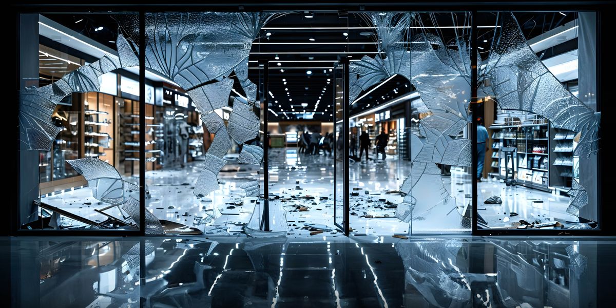 Les portes de vidre d’una botiga destrossades. Els saquejadors estan dins robant articles.
