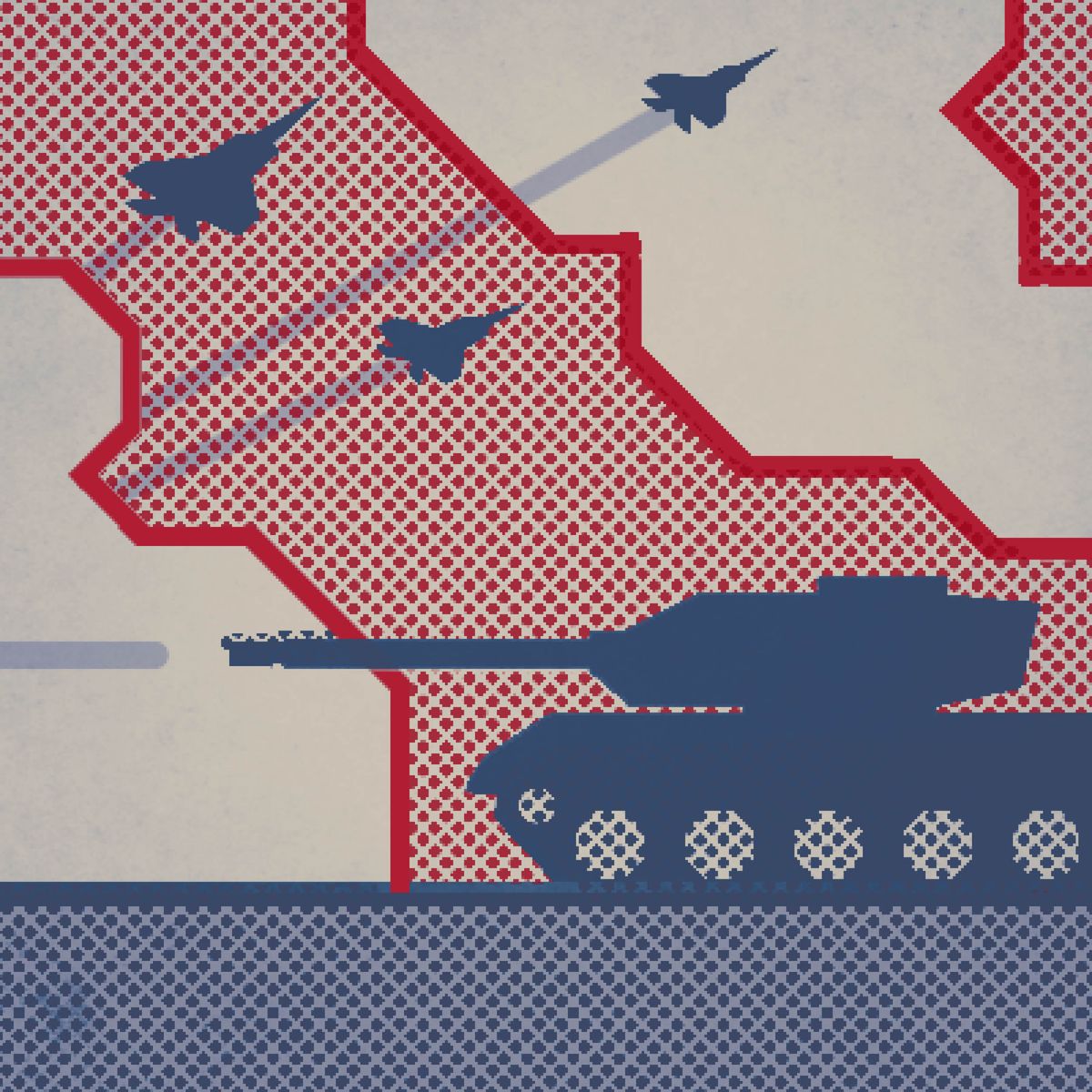 Un dibuix d’un mapa, un tanc i avions militars.