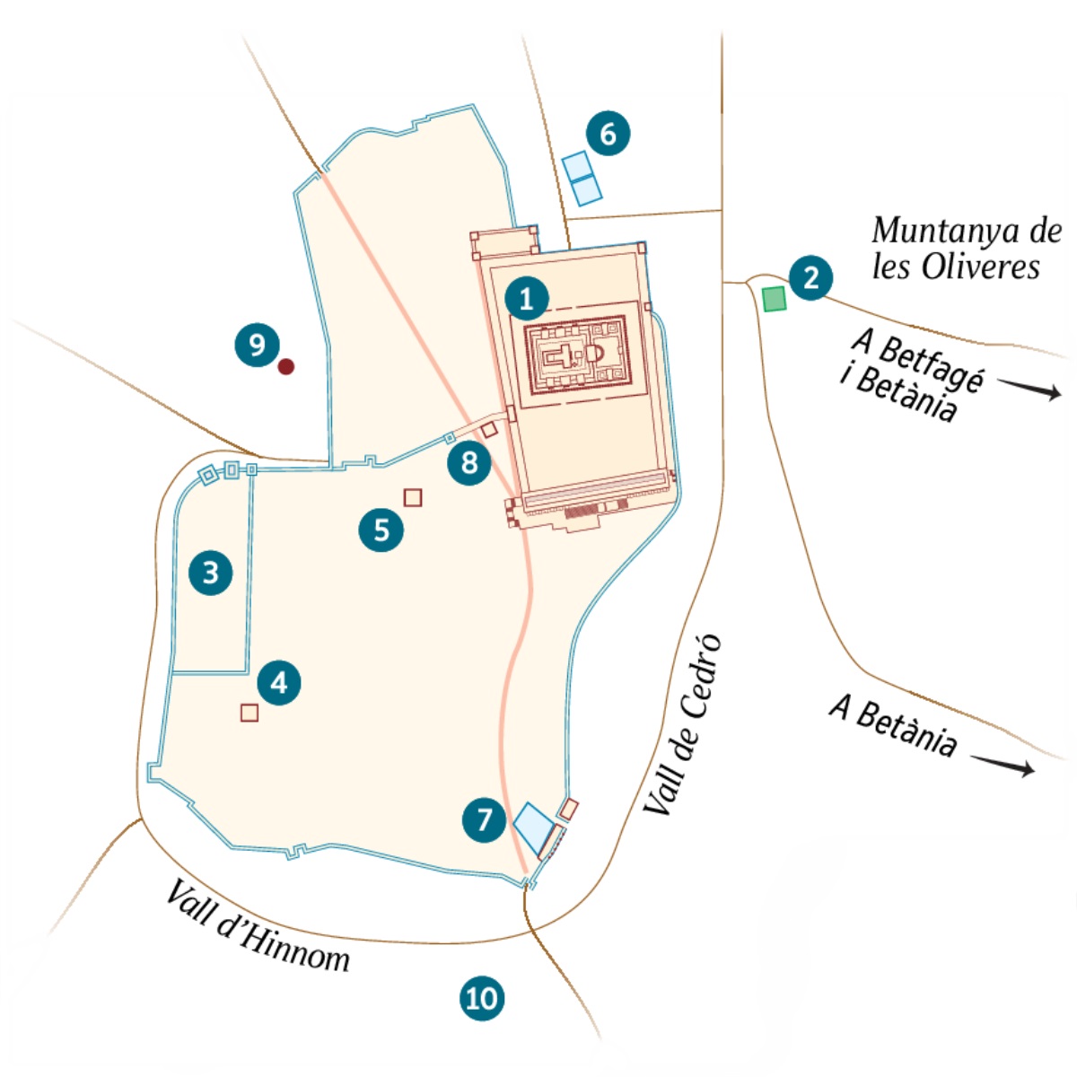 Un mapa de Jerusalem i la rodalia. No se sap la localització exacta d’alguns dels llocs. 1. Temple. 2. Jardí de Getsemaní. 3. Palau del governador. 4. Casa de Caifàs. 5. Palau utilitzat per Herodes Antipas. 6. Piscina de Betzata. 7. Piscina de Siloam. 8. Sala del Sanedrí. 9. Gòlgota. 10. Haqueldamà.