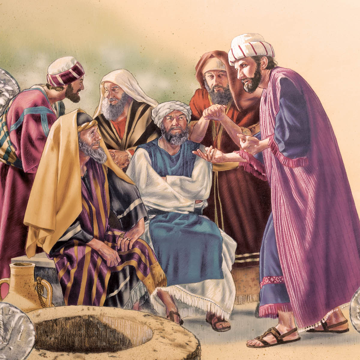 Judes Iscariot planejant com trairà Jesús amb els líders religiosos jueus.