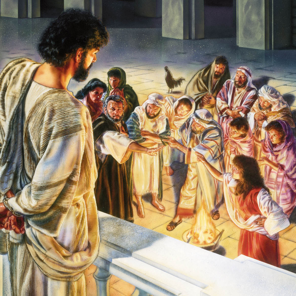 Des d’un balcó, Jesús veu com Pere nega que el coneix a la gent reunida al pati.