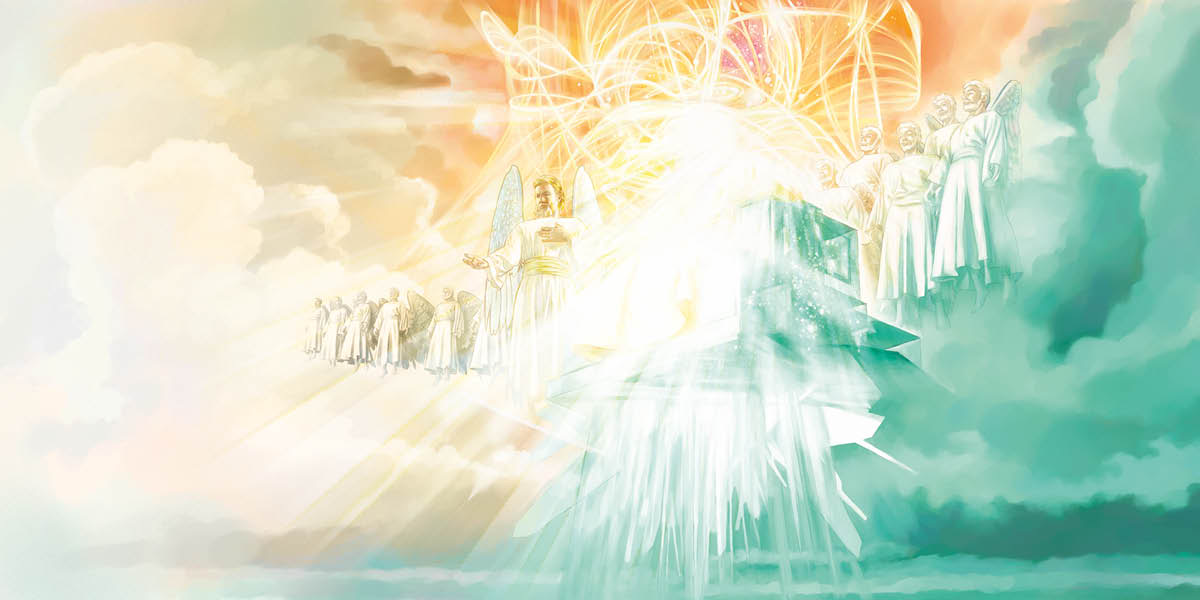 Una representació de Jehovà assegut en un tron de maragda amb molts àngels a la vora. Uns rajos de llum brillant envolten el tron.
