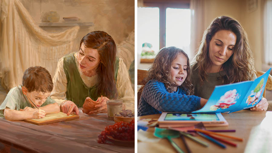 Collage: 1) Maria ajudant Jesús de petit a escriure una còpia d’un text de les Escriptures. 2) Una mare ensenyant a la seva filleta sobre la Bíblia fent servir una publicació per a nens.