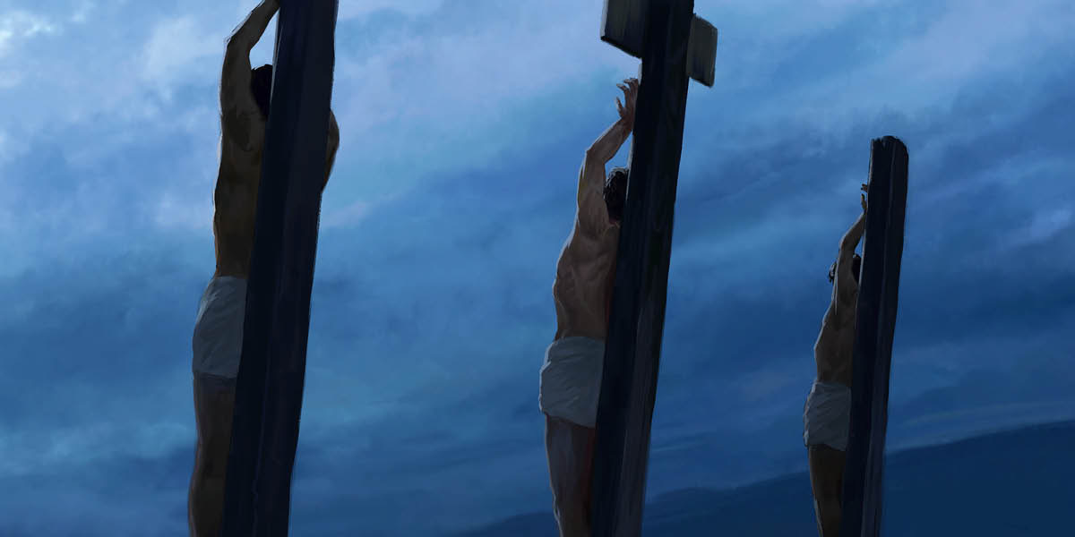 Jesús clavat al pal de turment entre dos delinqüents sota un cel fosc.