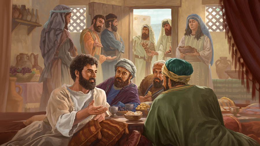 Jesús menjant amb Mateu i altres cobradors d’impostos mentre alguns líders religiosos són a la porta mirant i murmurant.