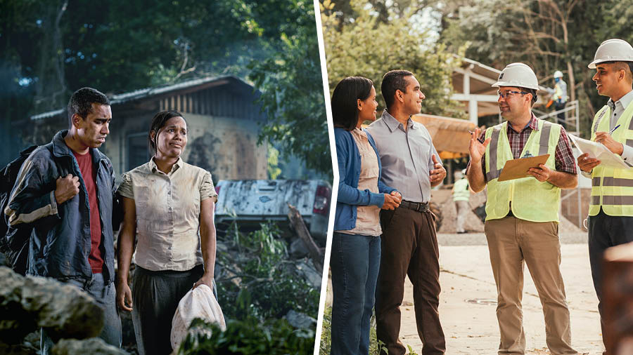Collage: 1) Una parella mirant amb angoixa els danys causats per una gran tempesta. 2) Més tard, la mateixa parella, parlant amb un somriure a la cara amb els germans que estan reconstruint la seva llar.
