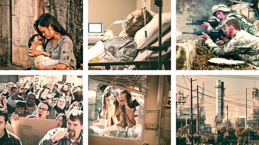 Collage: Els resultats de la governació humana. 1. Una dona asiàtica asseguda a un carrer brut amb el seu fill en braços plorant. 2. Un home gran malalt al llit d’un hospital. 3. Soldats disparant a un camp de batalla. 4. Manifestants enfadats cridant i amb pancartes a la mà. 5. Una dona i la seva filla es troben el vidre de la porta de casa trencat. 6. Una ciutat contaminada amb xemeneies i cables d’alta tensió.