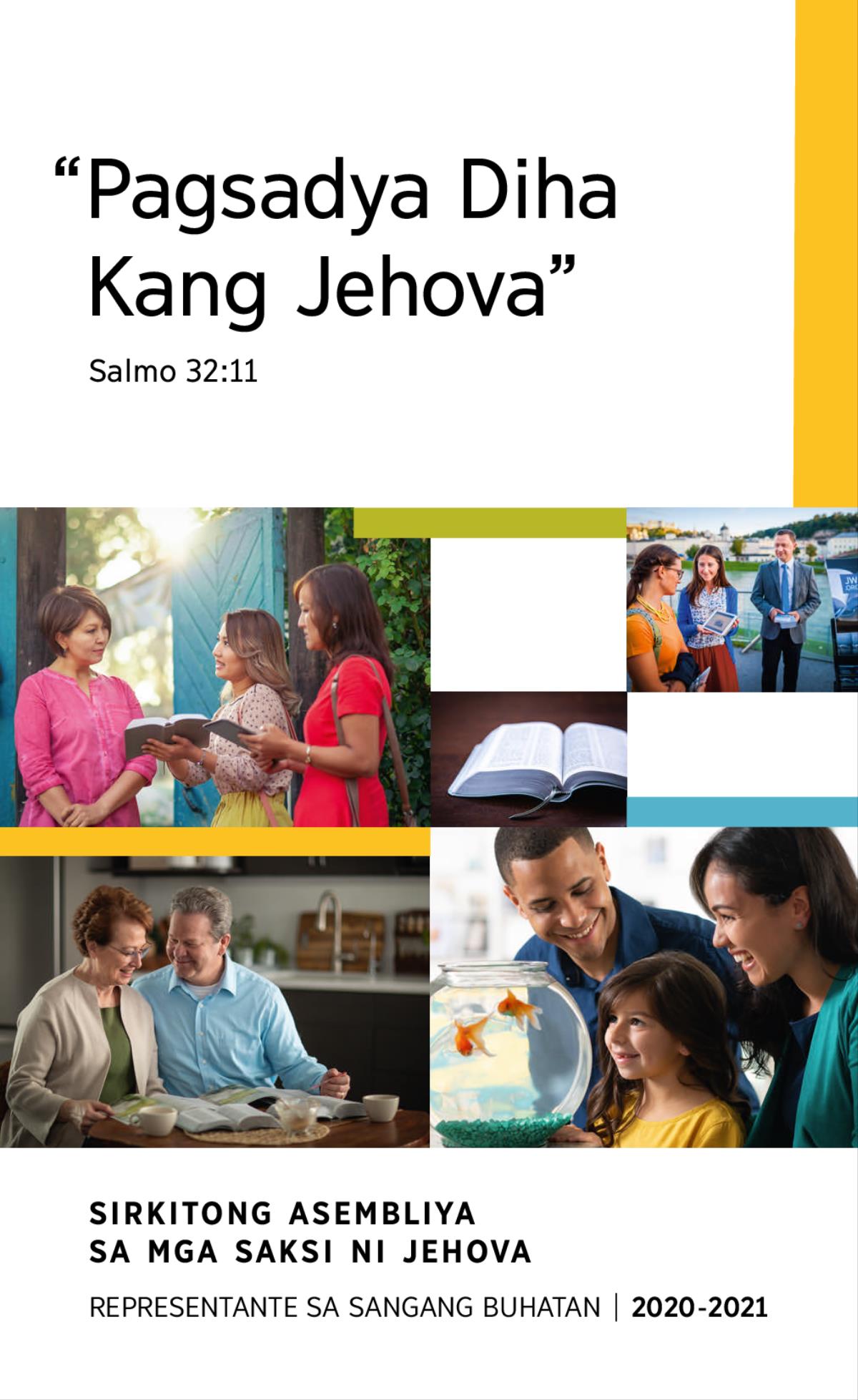 Collage: 1. Malipayong pamilya nga nagtan-aw sa goldfish diha sa fish bowl. 2. Duha ka Saksi ni Jehova nga nagsangyaw sa usa ka babaye diha sa iyang balay. 3. Magtiayon nga nagtuon sa Bibliya gamit ang binase sa Bibliya nga mga publikasyon. 4. Bukas nga Bibliya. 5. Magtiayon nga nagpatan-aw ug video nga binase sa Bibliya ngadto sa usa ka babaye diha sa publikong dapit.