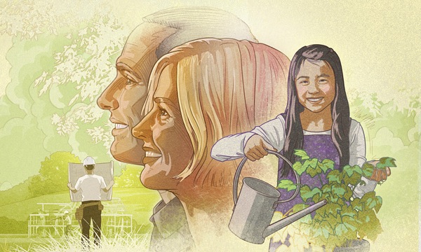 Lalaki ug babaye positibong naglantaw sa umaabot; bata nga namisbis ug mga tanom; mga tawong nagtukod ug balay