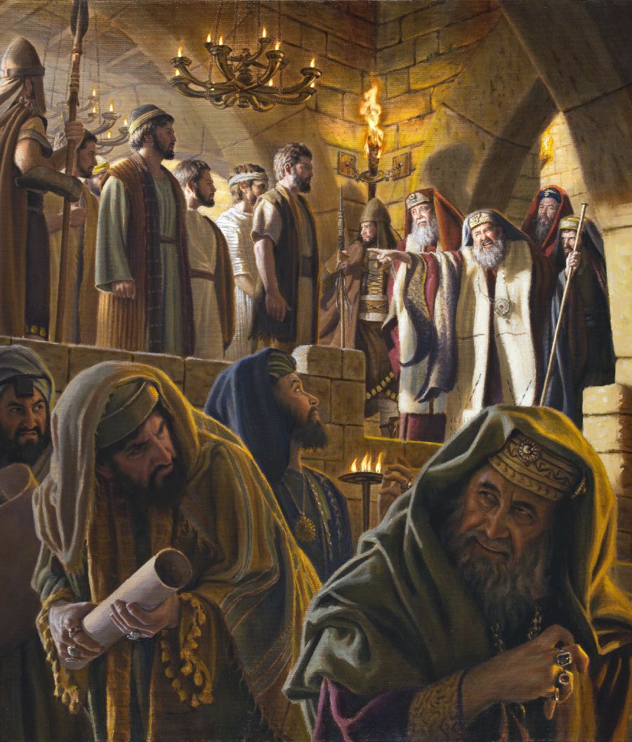 Si Caifas suko kaayong nangakusar sa mga apostoles samtang nagtan-aw ang ubang sakop sa Sanhedrin.