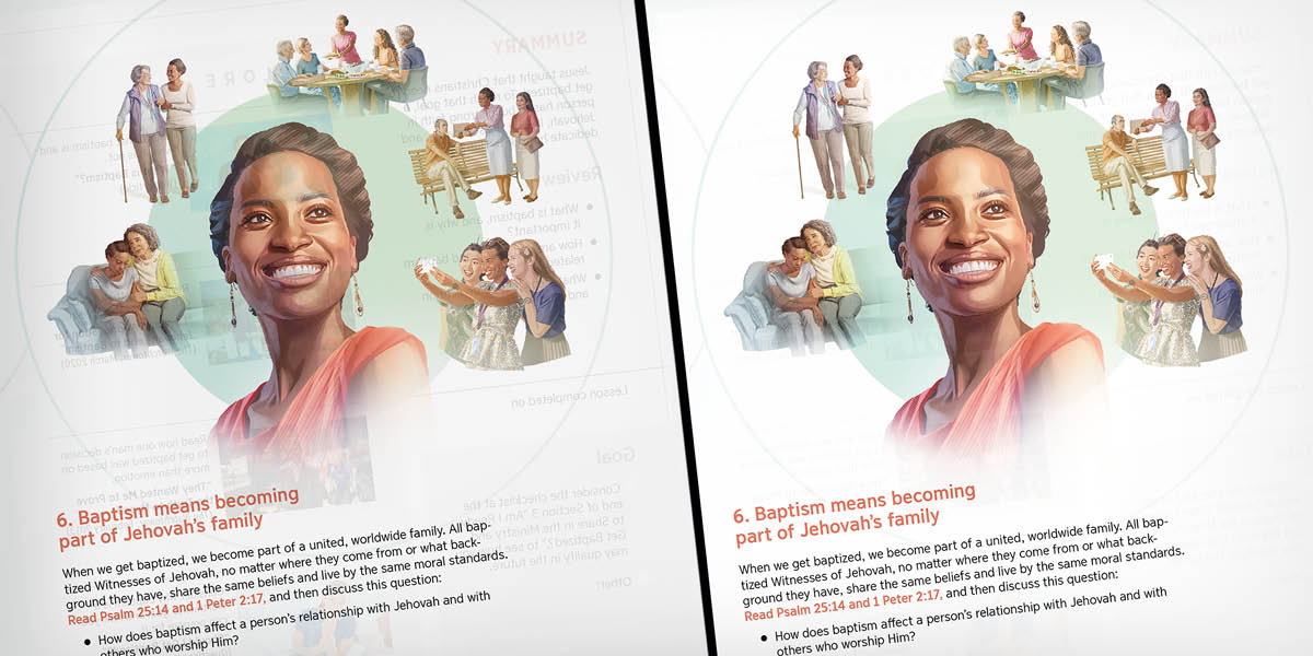 Gitandi ang kalainan sa duha ka printed nga panid sa libro. Collage: 1. Sa wala, maklaro ang mga picture ug text sa likod sa panid kay nipis ang papel. 2. Sa tuo, dili maklaro ang mga picture ug text sa likod sa panid kay baga ang papel.