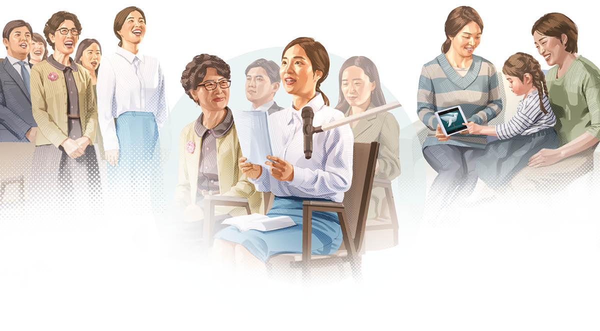 Collage: Babaye nga Bible study nga nagkat-on sa pagsimba sa Diyos sa hustong paagi. 1. Mikanta siyag mga pagdayeg sa Diyos panahon sa tigom sa kongregasyon. 2. Mikomento siya panahon sa tigom sa kongregasyon. 3. Nagpatan-aw siyag binase sa Bibliya nga video ngadto sa usa ka babaye ug sa anak niini.