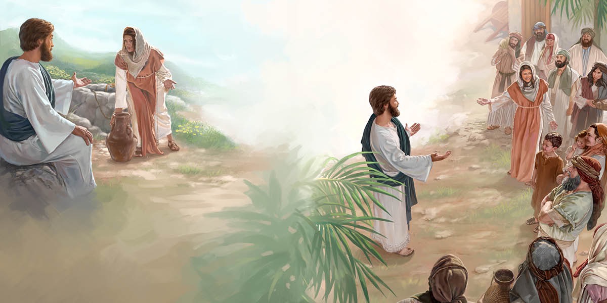 Si Jesus nakig-estorya sa babayeng Samarianhon sa atabay; ang babayeng Samarianhon nanulti bahin kang Jesus