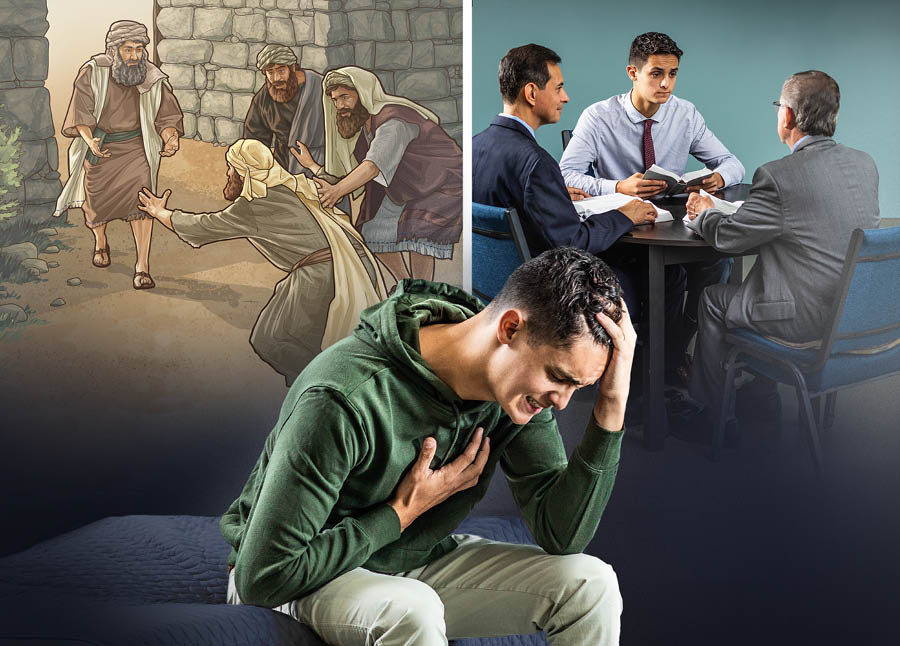 Batan-ong lalaki nga naguol pag-ayo. Collage: Nangayog tabang aron pasayloon ni Jehova. 1. Usa ka Israelinhon nga naghinulsol sa iyang sala ang miduol sa mga ansiyano diha sa ganghaan sa siyudad aron isulti ang iyang kaso. 2. Ang batan-ong lalaki nga naghinulsol miduol sa duha ka ansiyano.