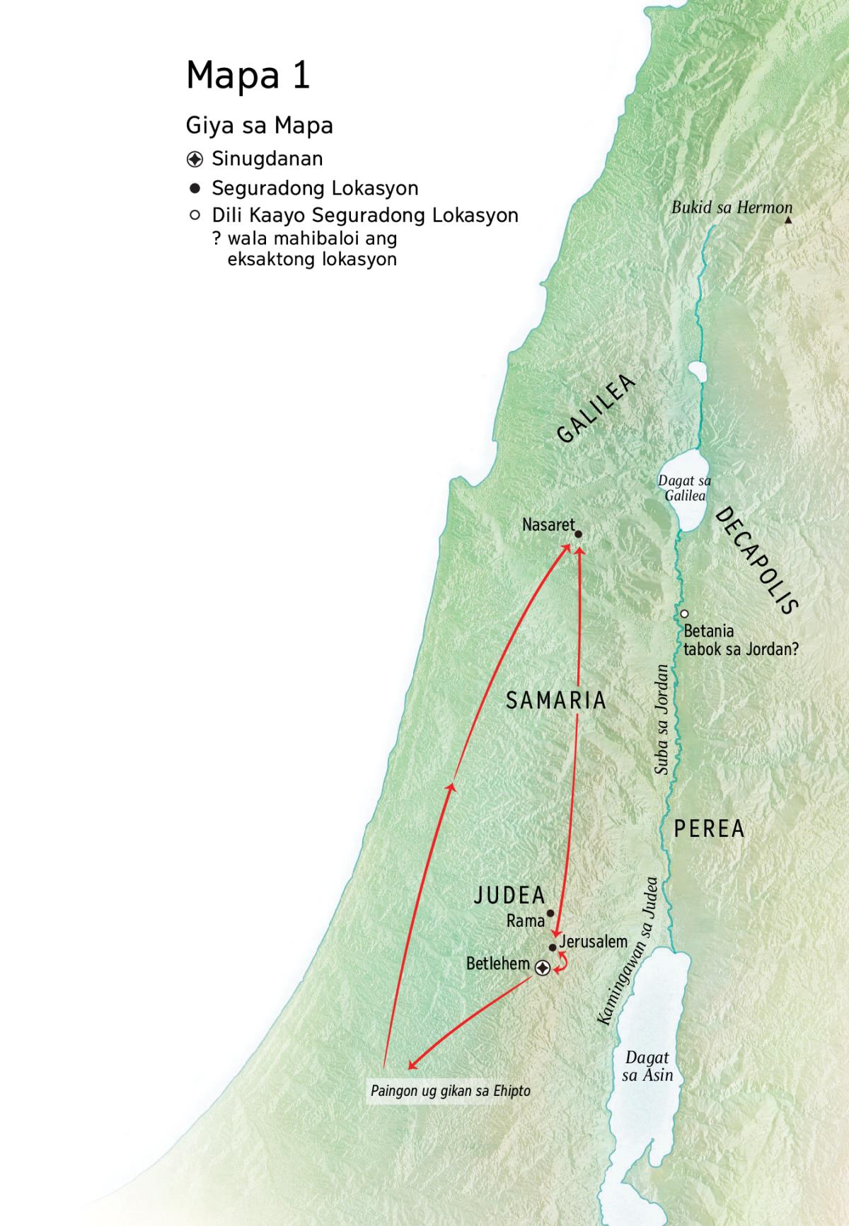 Mapa sa mga lokasyon nga konektado sa kinabuhi ni Jesus: Betlehem, Nasaret, Jerusalem
